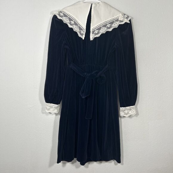 Vtg Bonnie‎ Jean Dress Girls 12 Navy Velvet Lace Puritan Mormon Cottagecore - Picture 2 of 6